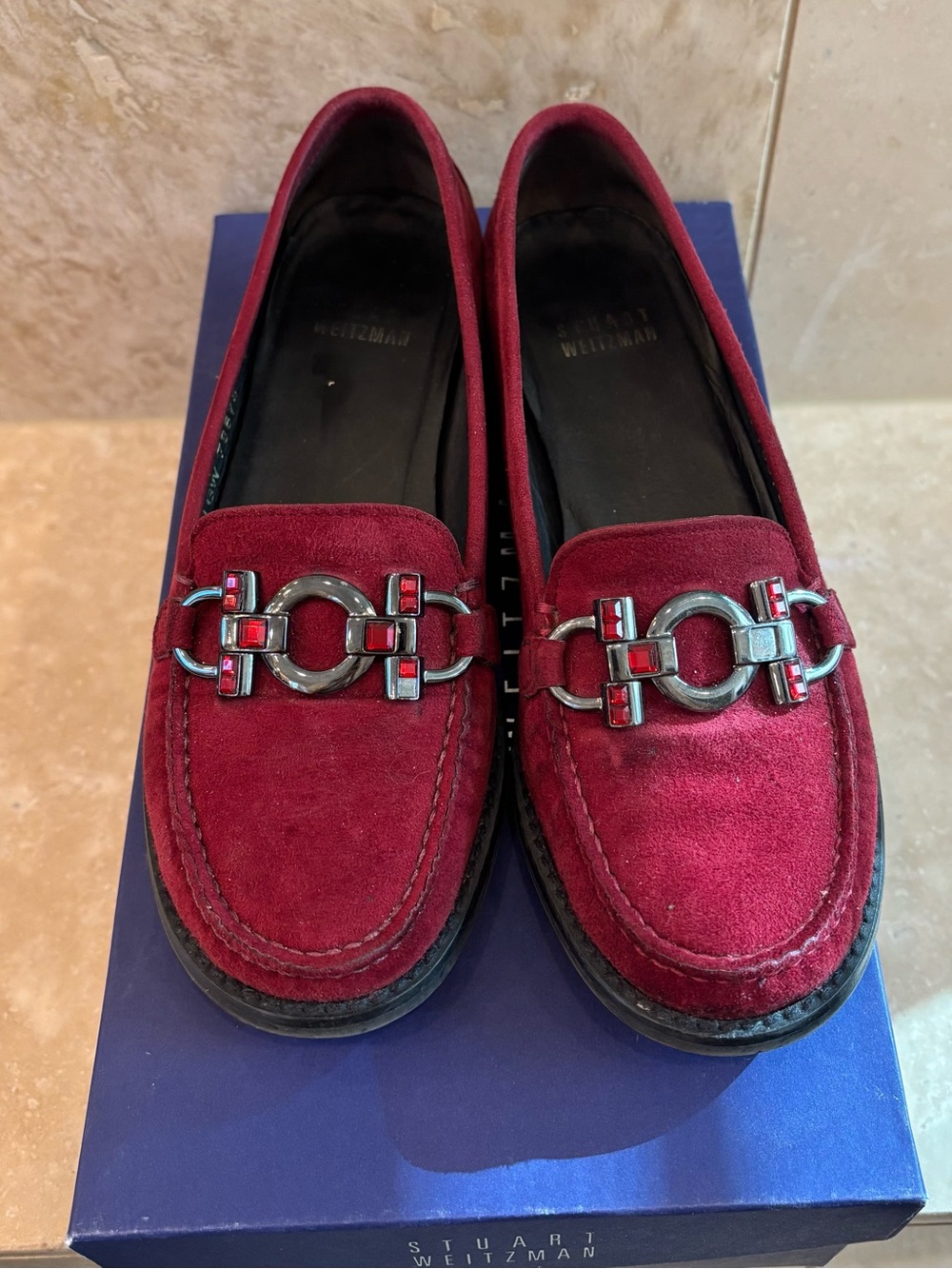 Stuart Weitzman Wine Red Suede Horsebit Loafers